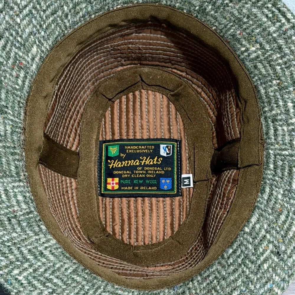 Vtg Hanna Hats Donegal Ireland Green Herringbone Wool Walking Hat Feather Mens M